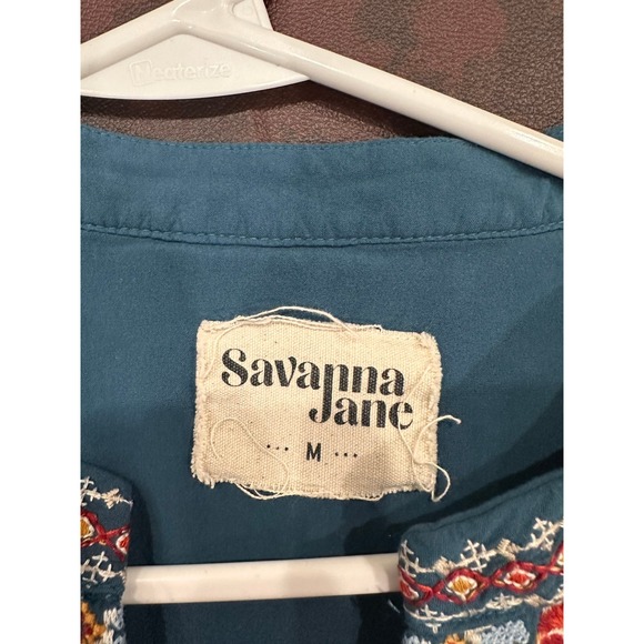 Savanna Jane Embroidered Tunic Top Blue Floral Motif V-Neck 3/4 Sleeve Women's M - Picture 3 of 9